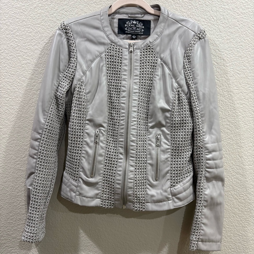 Blanc Noir Light Gray Moto Zip Jacket Faux Leather Knit Panel